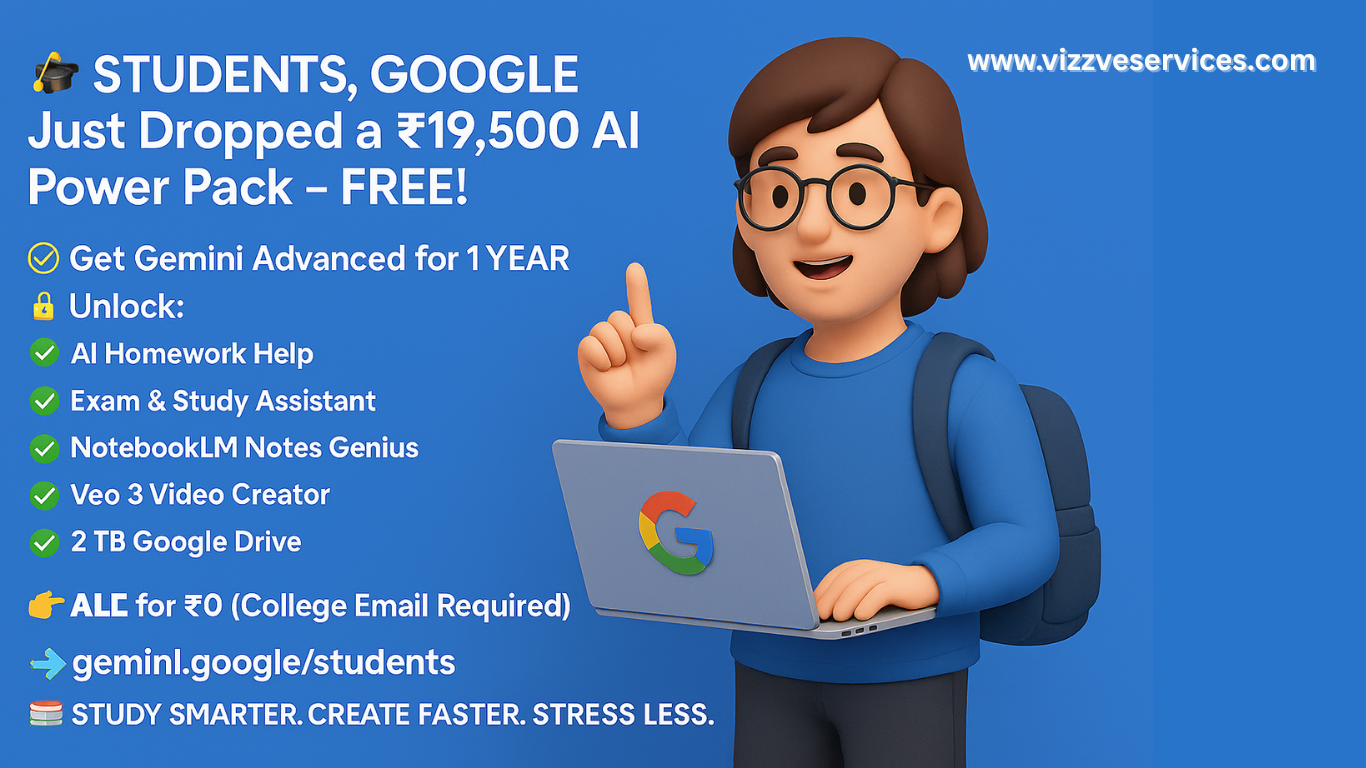 A 3D cartoon-style student wearing glasses and a backpack holds a laptop with a Google logo, smiling confidently while pointing upward